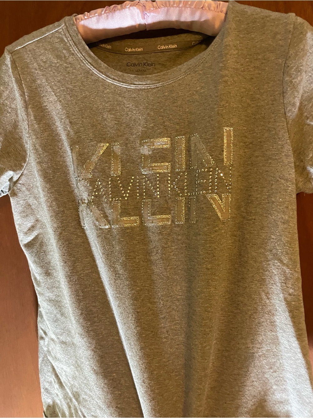 Calvin Klein Girls Gray Tee with Silver Logo. Bling.